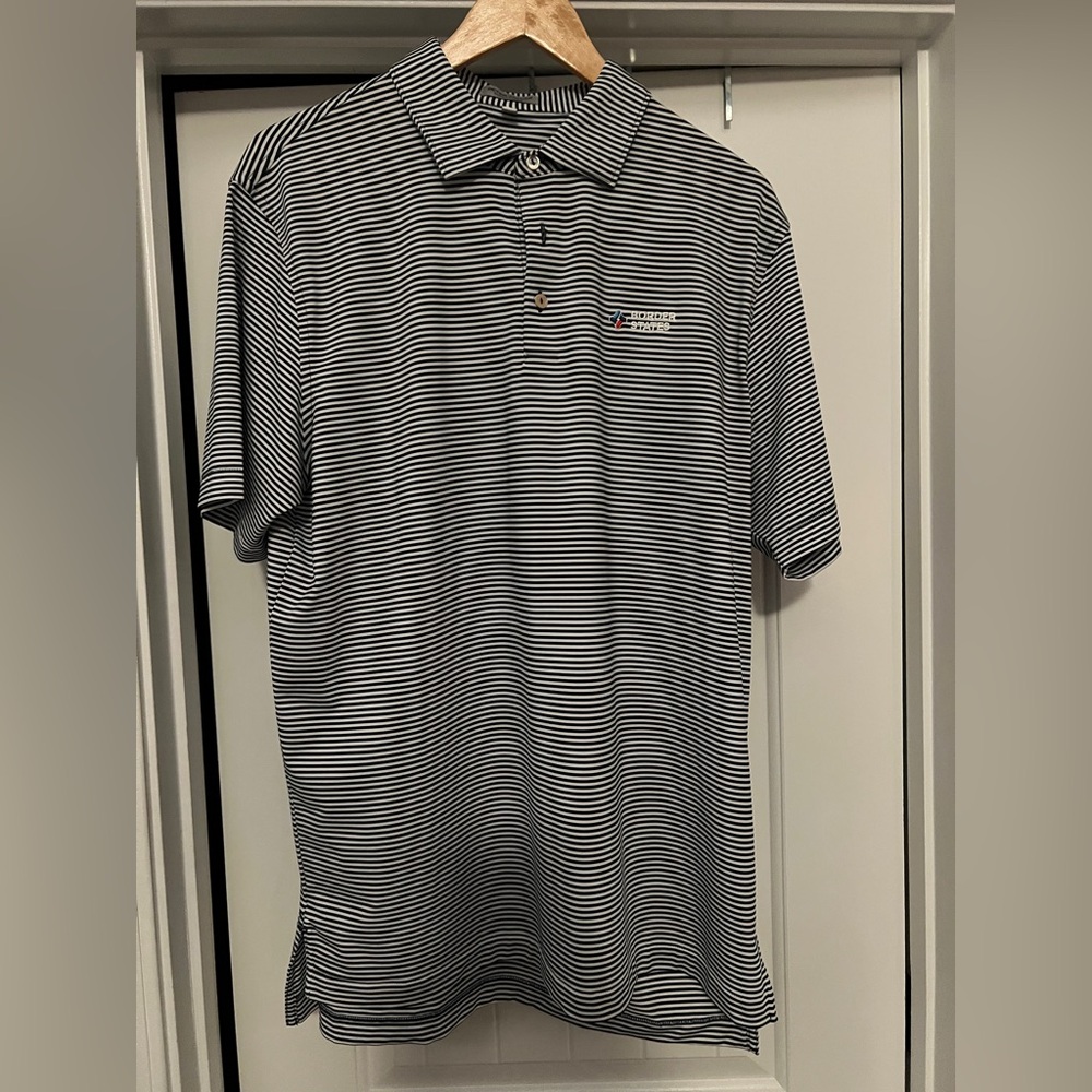 EUC Peter Millar Summer Comfort Polo size Large - white w/ dark blue stripe